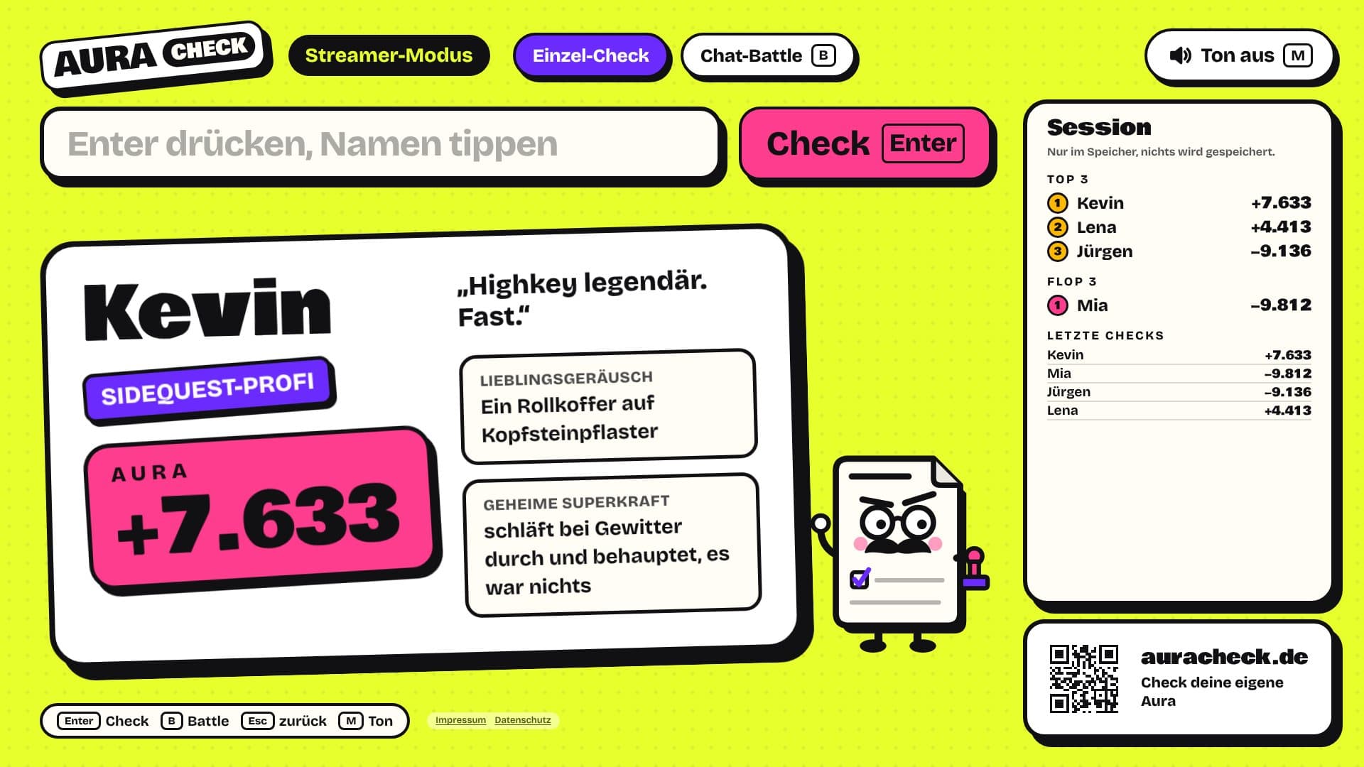 Vorschau des Streamer-Modus: Aura-Karte mit Session-Rangliste und QR-Code